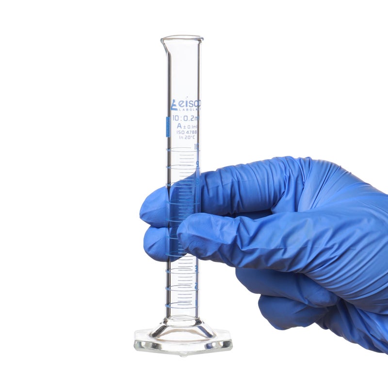 EISCO Graduated Cylinder, 10ml - Class A Tolerance Â±0.10ml - Hexagonal Base - Blue Graduations - Borosilicate 3.3 Glass - Eisco Labs - Image 5